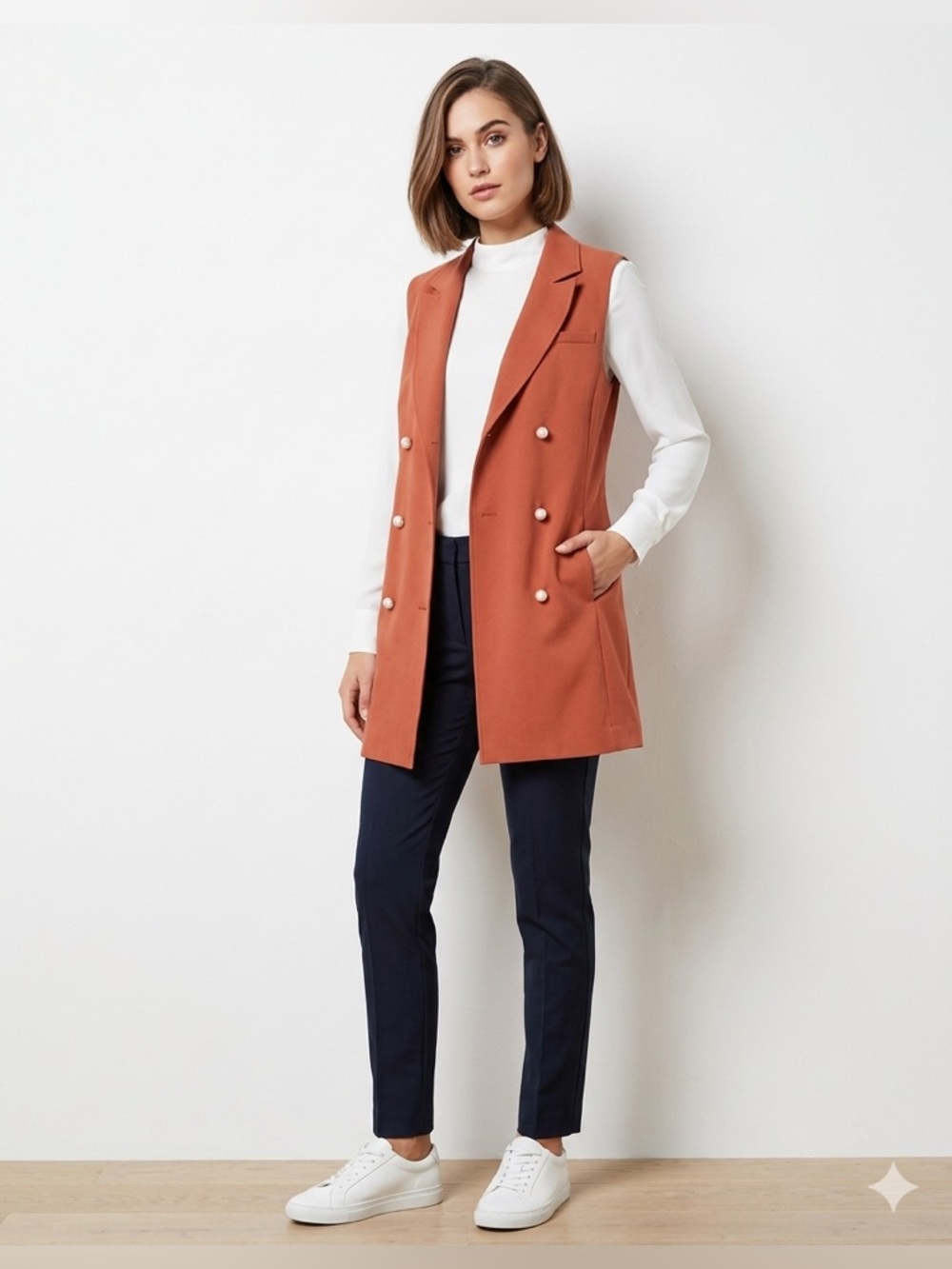 free press sleeveless rust-orange blazer dress with pearl buttons